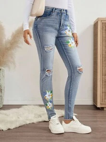 EMERY ROSE Quần Jeans Skinny Họa Tiết Hoa Cho Nữ - Rửa trung bình - Xem 3