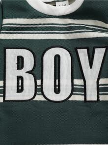 SHEIN Playful Pals 男婴休闲罗纹圆领条纹刺绣长袖连体衣，秋冬季