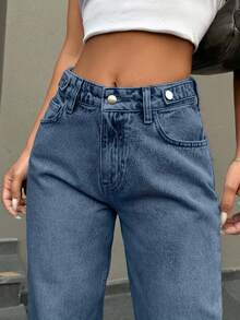 SHEIN Cottnline Low Waist Button Detailed Snow Wash Straight Cut Jean - Baby Blue - View 3