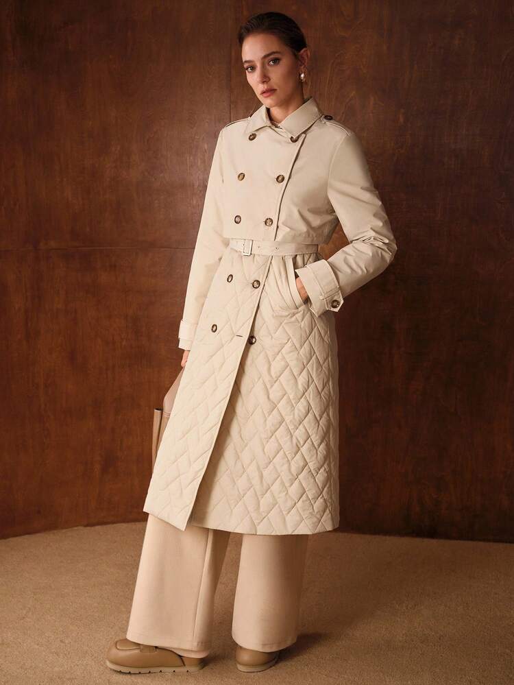 FASHIONABLE WAIST CINCHING VINTAGE STYLE DOUBLE-BREASTED QUILTED COAT, VERSATILE & ELEGANT, AUTUMN/WINTER