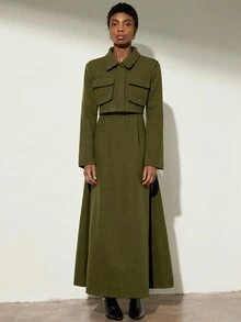 Aveloria Modichic 欧美风优雅高端翻领短款外套，配有大口袋，搭配长款百褶裙，女士两件套 - 軍綠色 - 查看 1