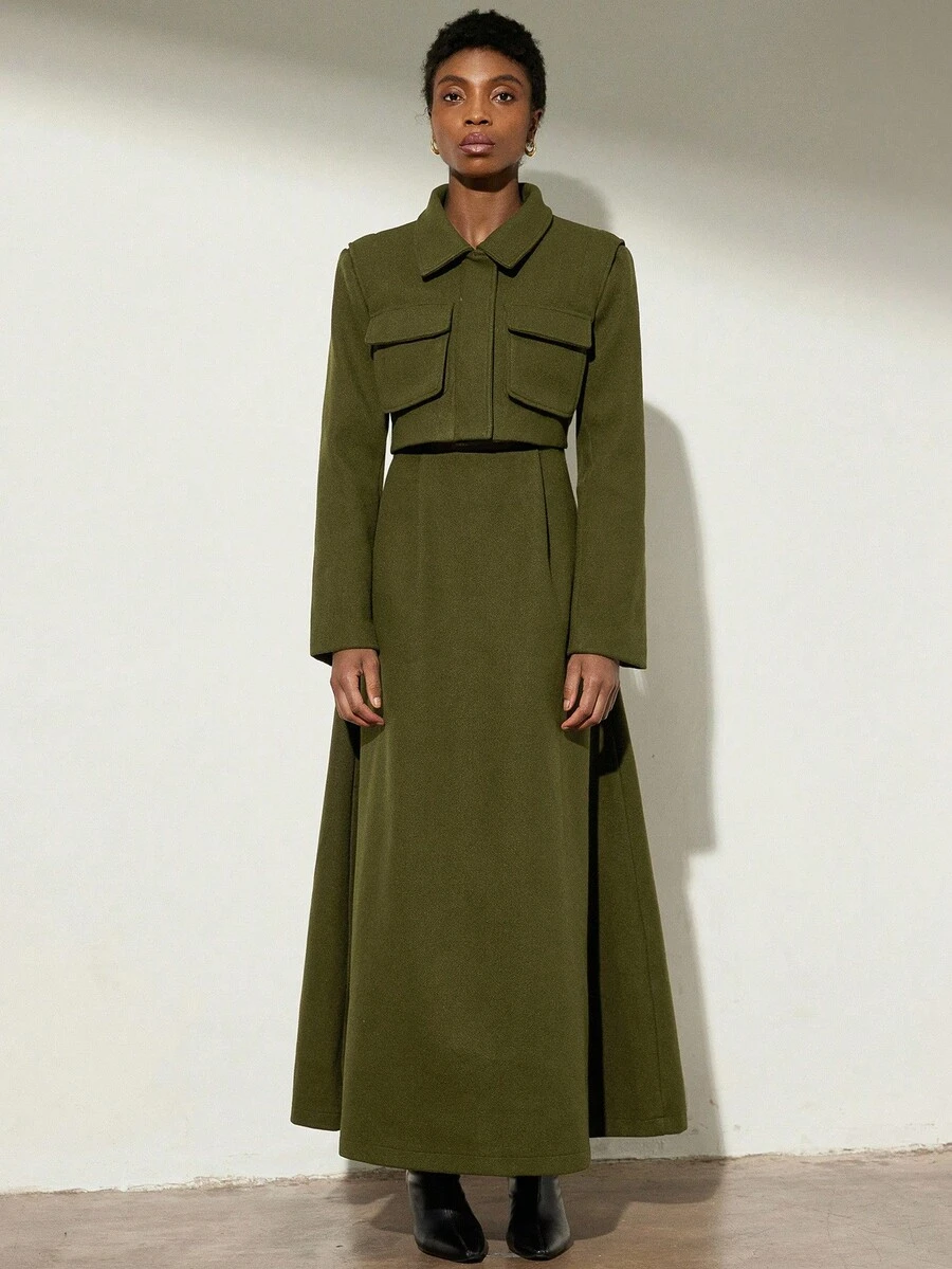 Aveloria Modichic 欧美风优雅高端翻领短款外套，配有大口袋，搭配长款百褶裙，女士两件套 - 軍綠色 - 查看 1