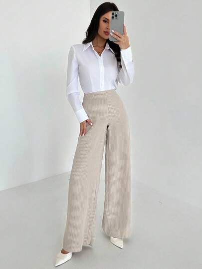 Firerie Women's New Simple Elegant Daily Commute Casual Fashion Versatile Multi-Color Striped Print Mid-Waist Regular Loose Wide-Leg Pants, Cotton Fabric, Suitable For Autumn Outfits, Autumn/Winter, Airport, Teacher, Office Wear, Cozy Fall