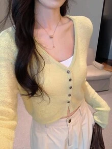 DAZY 女式休闲V领纽扣前长袖开衫，秋冬 - 綠色 - 查看 1