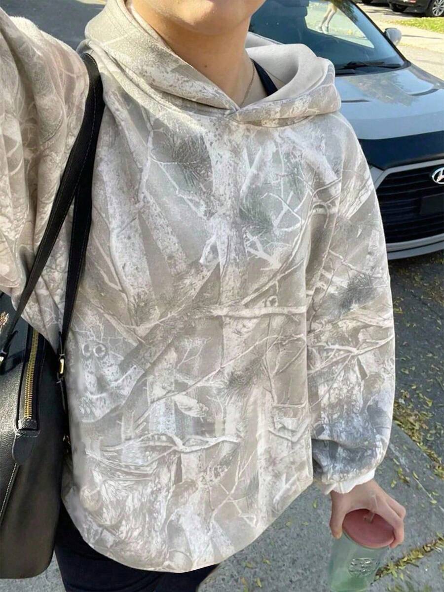 SHEIN 2 件套 Tween Girls 树叶印花连帽衫和黑色紧身裤套装,宽松舒适的休闲街头服饰,适合日常穿着和返校穿着 - 白色 - 查看 1