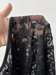 NU&NOW Plus Size Women's Sexy Sheer Lace Deep V-Neck Criss-Cross Strap Metal Grommet Criss-Cross Bow Tight Fit Design Sense Party Clubwear Bodysuit, Long Sleeve, New Autumn