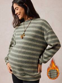 Boho Mama Maternity Casual Colorblock Striped Long Sleeve T-Shirt, Spring/Autumn Maternity Sweater Striped Maternity Sweater Green Maternity Sweater Maternity Fall Pregnancy Vintage Boho Country - Green - View 3