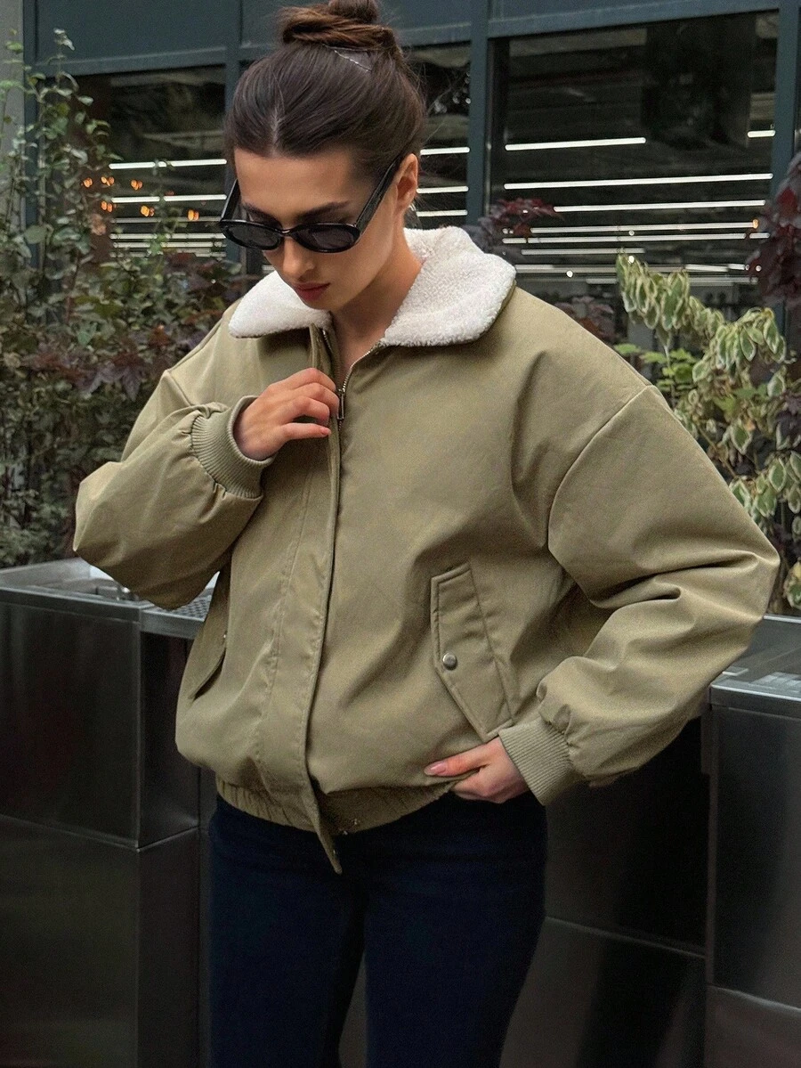 DAZY 女士休闲宽松版型飞行员夹克，人造毛领，长袖，带口袋，街头风格，秋冬女式外套 - 綠色 - 查看 1