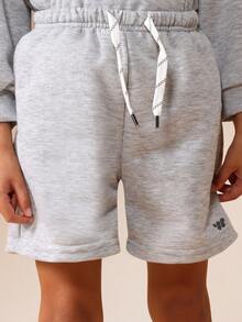 SUMWON Kids Two Piece Grey Fleece Set With Cozy Centre Pocket Hoodie And Matching Drawstring Shorts For Boys Autumn Winter Essential Wear - Light Grey - View 8