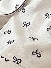 SHEIN 2件套泡泡雪纺蝴蝶结印花翻领长袖上衣和裤子睡衣套装，秋冬服装 - 米色 - 查看 7