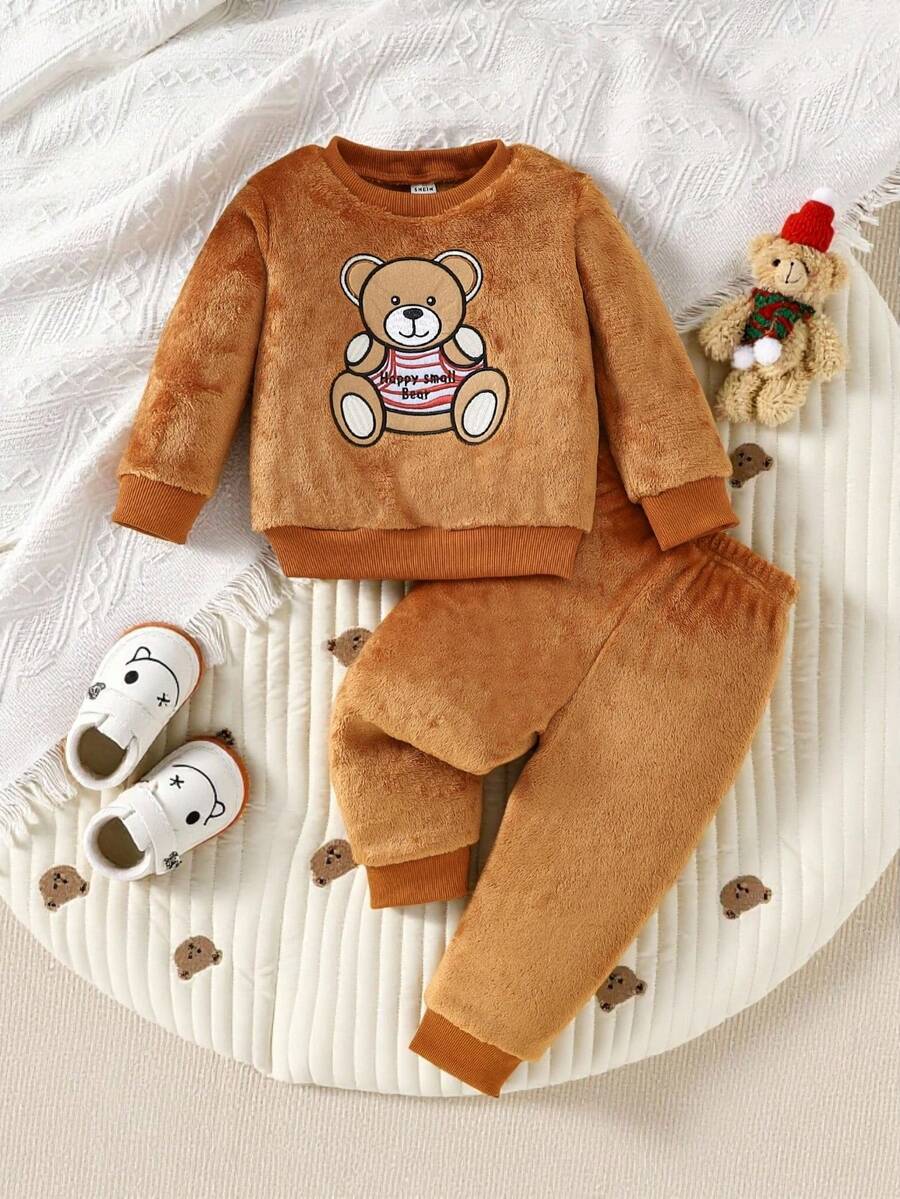 SHEIN Playful Pals Cute Round Neck Plush Baby Boy Outfit Fall Winter - Mocha Brown - View 1