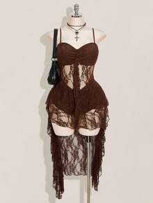 SHEIN ICON Plus Size Black V-Neck Ruffle Trim Short Front Long Back Slip Dress, Y2K Sexy Spaghetti Strap Ruffle Hem Dress - Brown - View 1