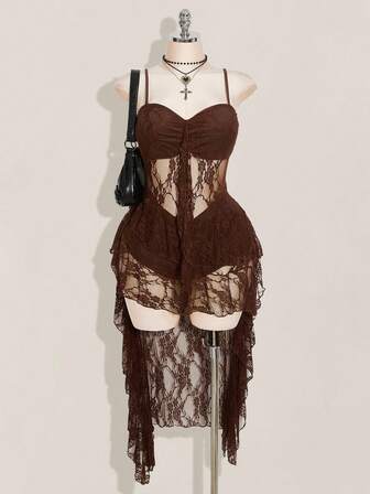 SHEIN ICON Plus Size Black V-Neck Ruffle Trim Short Front Long Back Slip Dress, Y2K Sexy Spaghetti Strap Ruffle Hem Dress