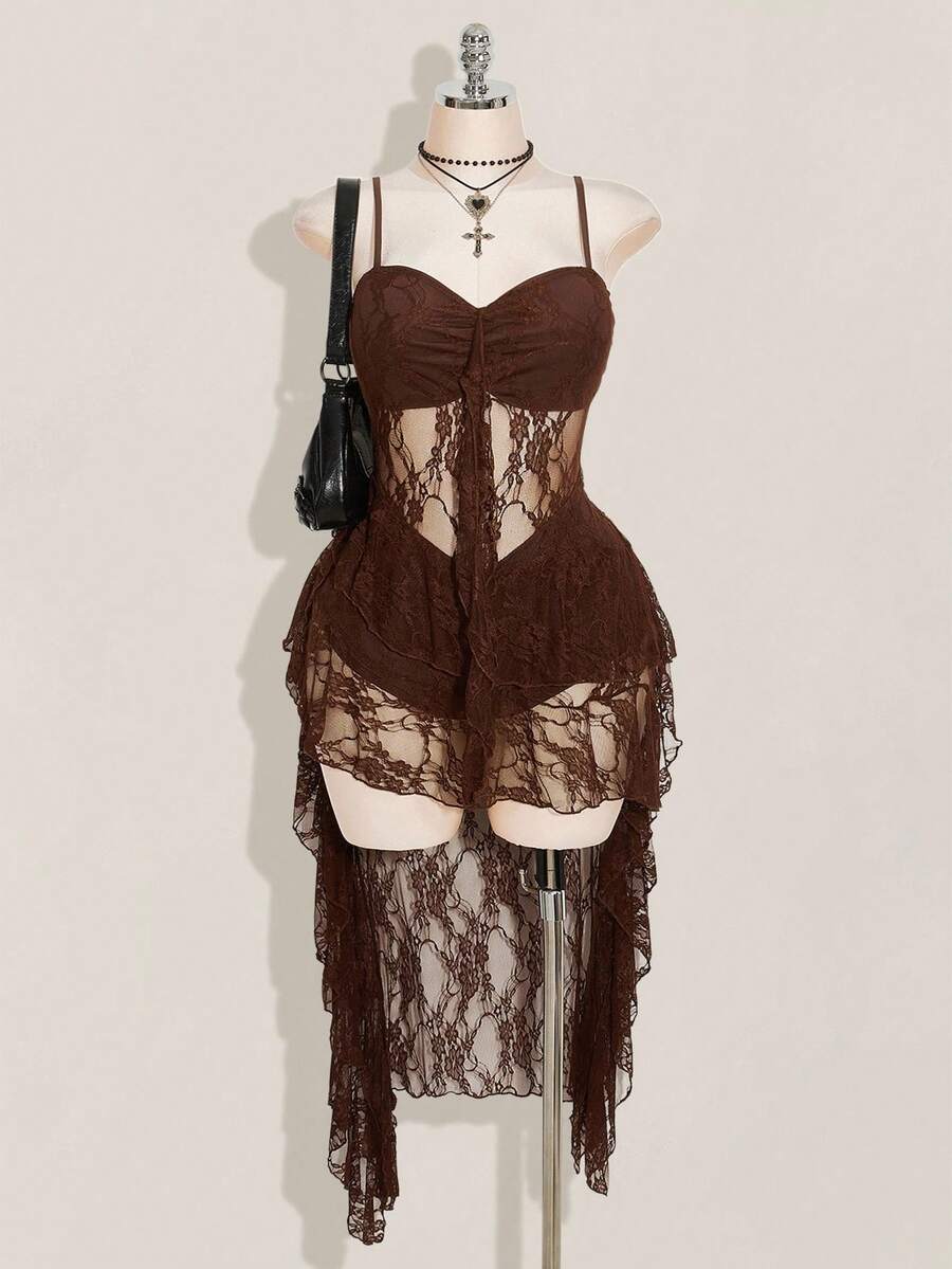 SHEIN ICON Plus Size Black V-Neck Ruffle Trim Short Front Long Back Slip Dress, Y2K Sexy Spaghetti Strap Ruffle Hem Dress - Brown - View 1