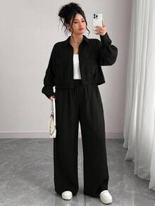 Elenzga 大码女式法式浪漫西西里优雅休闲通勤度假纯棕色衬衫领隐形门襟松紧下摆长袖衬衫 + 松紧腰工装裤套装，春/秋/冬 - 黑色 - 查看 1