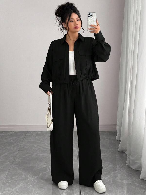 Elenzga Conjunto de camisa de manga larga con cuello de camisa, botones ocultos y dobladillo elástico + pantalones cargo de cintura elástica, estilo romántico francés Sicilia, elegante y casual, para vacaciones y uso diario, color marrón sólido, talla grande, para primavera/otoño/invierno