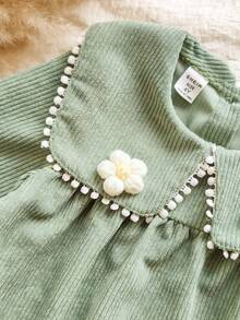 Vintaside Kids 年轻女孩清新绿色碎花修身长袖针织连衣裙，适合外出、休闲装、生日派对和聚会 - 綠色 - 查看 4