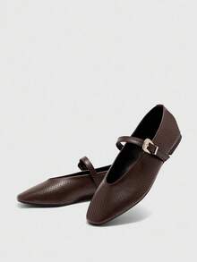 CUCCOO BIZCHIC 女士咖啡色穿孔舒适透气复古玛丽珍平底鞋，百搭日常通勤鞋 - 咖啡棕 - 查看 5