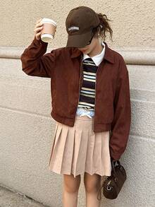 1pc Teen GirlMetal Zipper Collar Long Sleeve Lightweight Jacket, Casual Versatile For Outings, School And More