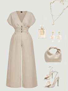 SHEIN MOD 大码女式V领短袖杏色连体裤，优雅亚麻连体裤，夏季连体裤，优雅连体裤，亚麻套装，亚麻两件套 - 杏色 - 查看 1