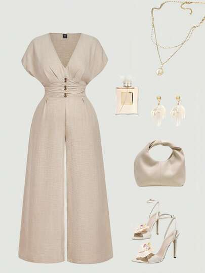 SHEIN MOD 大码女式 V 领蝙蝠袖杏色连体裤，优雅