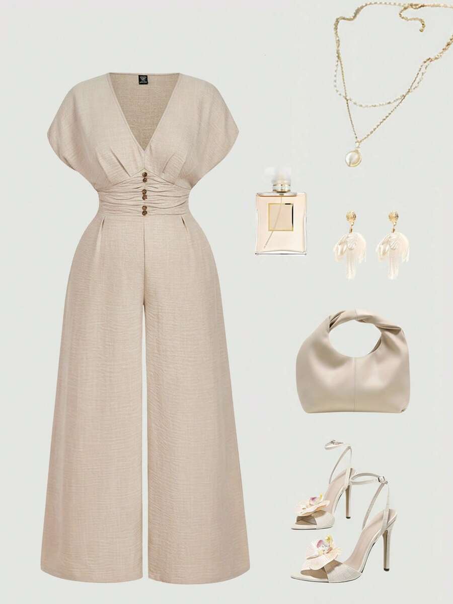 SHEIN MOD 大码女式V领短袖杏色连体裤，优雅亚麻连体裤，夏季连体裤，优雅连体裤，亚麻套装，亚麻两件套 - 杏色 - 查看 1