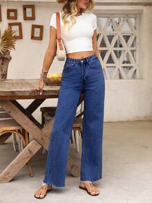 SHEIN LUNE 女式高腰口袋阔腿宽松休闲百搭牛仔裤 - 深色水洗藍 - 查看 5