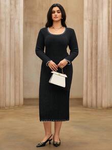 Flirla Plus Size Women's Fashionable Black Knitted Dress, Vintage High-End Elegant Fitted Sweater Dress, Casual & Versatile, Autumn/Winter