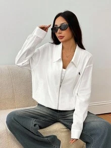 SHEIN PETITE Chaqueta regular de mujer tejida en blanco con patrón bordado en el pecho, versión OVERSIZE para salidas casuales