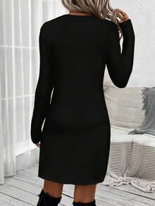 SHEIN LUNE Đầm dài tay ôm sát người họa tiết trái tim, kiểu dáng thường ngày, thích hợp cho mùa thu/đông dạo phố, phong cách thường ngày. - màu đen - Xem 2