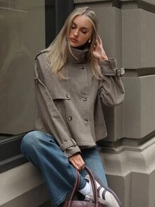 Aloruh Women's Fall/Winter Fashion Chic Casual Loose Houndstooth Patterned Jacket,Women's Winter Jacket,Fall Clothes For Women,Cozy Fall And Winter Clothes For Women - Khaki - View 7