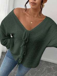 SHEIN Frenchy 加大码女式纯色针织法式毛衣，蝴蝶结前襟设计，适合休闲、居家、校服，秋冬 - 軍綠色 - 查看 4