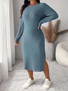 SHEIN Frenchy Damen Kleid in Große Größen mit rundem Ausschnitt, Drop Shoulder, Langarm und Schlitz am Saum, figurbetonter Schnitt - Blau - Übersicht 6