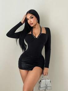 Sirith Women's Autumn/Winter Studded Knit Ruched Long Sleeve Bodysuit - Black - View 1