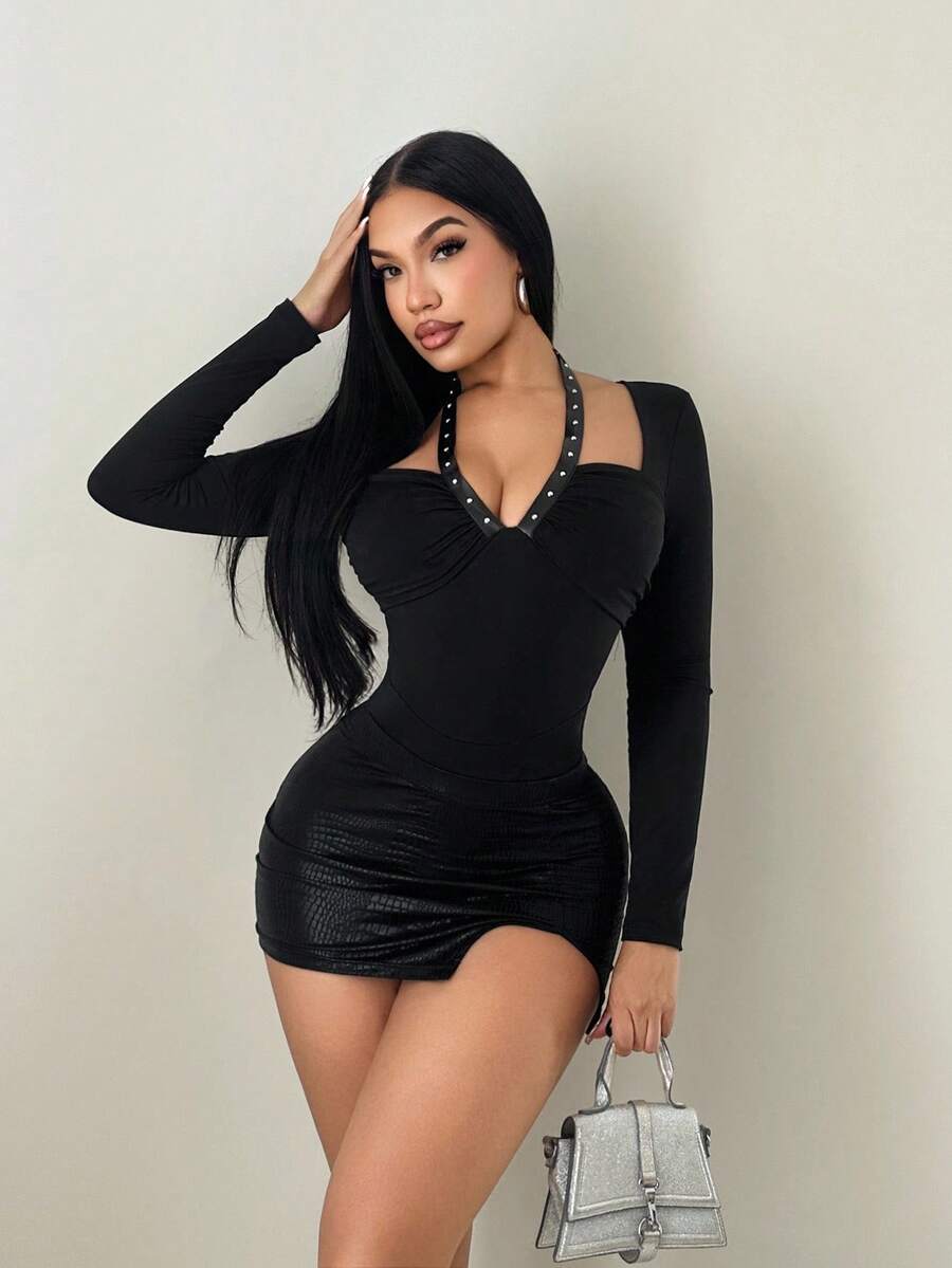 Sirith Women's Autumn/Winter Studded Knit Ruched Long Sleeve Bodysuit - Black - View 1