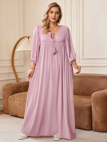 Rosumi Plus Size Solid Long Sleeve Casual Dress, Simple & Fashionable For Everyday Wear,Beach Dress Sundress,Holiday Outfits Boho