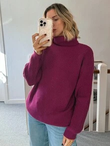 Vivie Lora Women's Loose Fit Turtleneck Solid Fuchsia Sweater - Pink - View 4