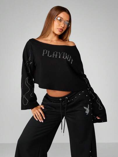 Missguided x Playboy Oversized Cropped Long Sleeve T-Shirt With Crystal Embellished Flames Off Shoulder Design Winter Party Occasion Top Casual Streetwear