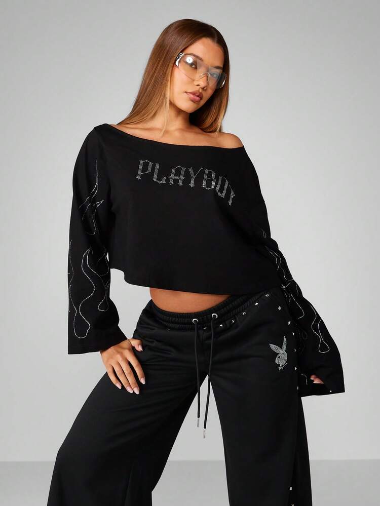 Missguided x Playboy Oversized, kurzes Langarm-T-Shirt mit kristallverziertem Flammen-Off-Shoulder-Design, Winterparty-Anlass-Oberteil, lässiger Streetwear-Stil