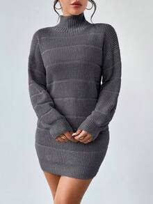 SHEIN LUNE 女式休闲纹理高领落肩长袖针织毛衣裙，秋冬 - 深灰色 - 查看 4