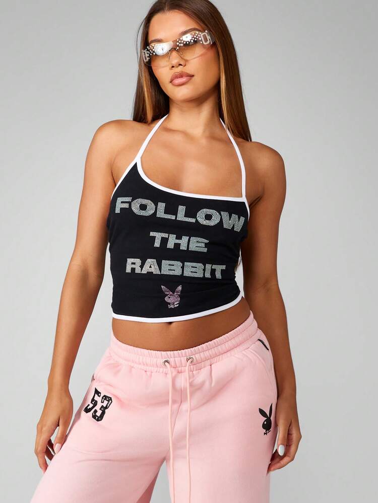 Missguided x Playboy Crystal Text Halter Neck Crop Top With Contrast Binding