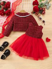 SHEIN Ensemble robe et veste bébé fille à carreaux élégant et mignon avec contraste de maille - Multicolore - Voir 9