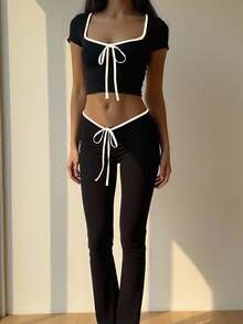 INAWLY Thiết kế thắt nơ ngọt ngào thời trang dành cho nữ 2 cái/bộ cho mùa hè - màu đen - Xem 1