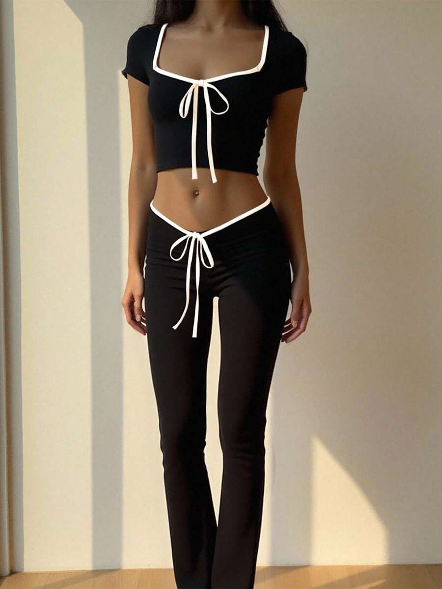 INAWLY Thiết kế thắt nơ ngọt ngào thời trang dành cho nữ 2 cái/bộ cho mùa hè - màu đen - Xem 1