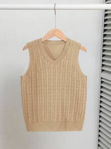 SHEIN 青少年男孩宽松休闲扭花针织背心，价格实惠的秋冬女孩服装 - 卡其色 - 查看 3