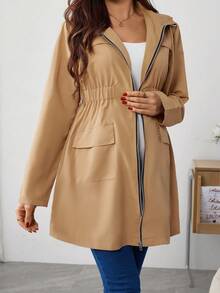 SHEIN Maternity Casual Solid Color Hooded Jacket, Spring/Autumn - Khaki - View 5