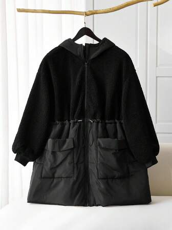 SHEIN CURVE+ 大码女式毛绒拼布棉质拉链连帽夹克，带口袋和衬里，秋冬长款棉质夹克