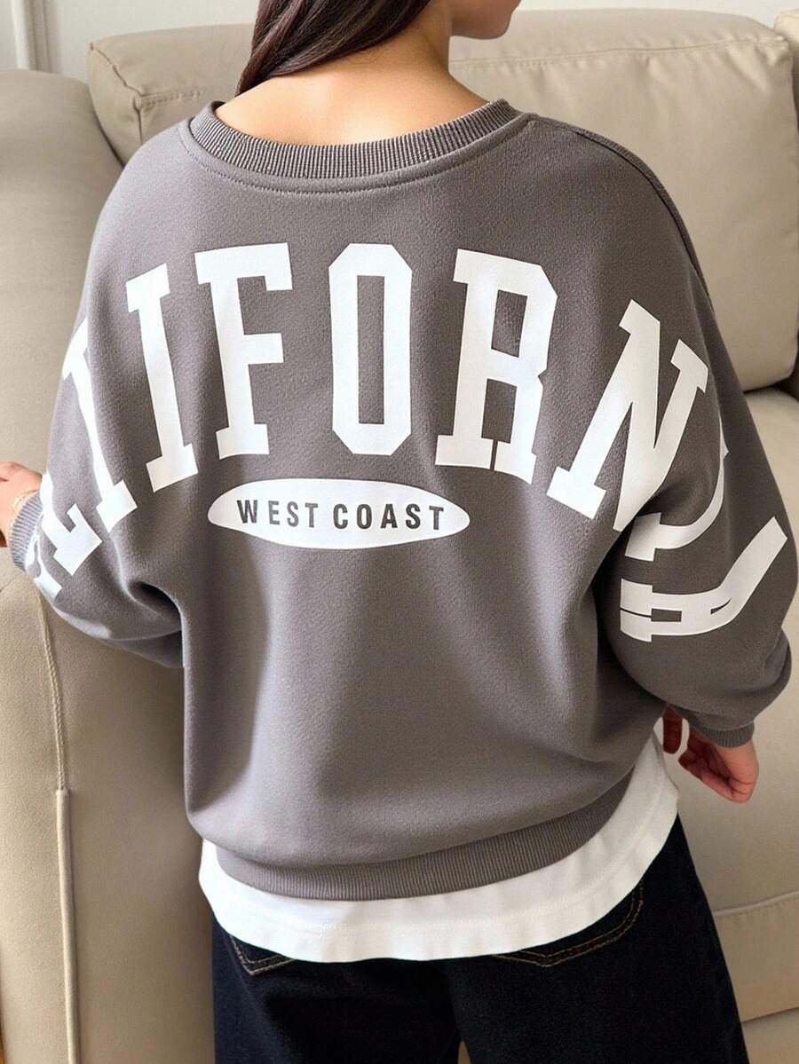 SHEIN 少女宽松休闲简约舒适圆领套头衫,后背字母图案,秋冬季 - 灰色 - 查看 1