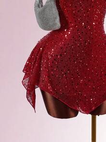 Amplova 圣诞派对亮片网眼露背细肩带迷你连衣裙 - 紅色 - 查看 7