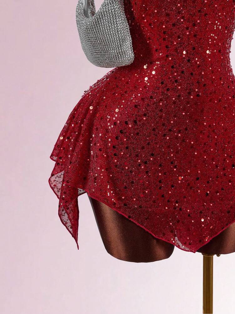 Amplova Vestido mini con tirantes de espagueti, espalda descubierta y malla con lentejuelas para fiesta de Navidad - Rojo - Añade 7